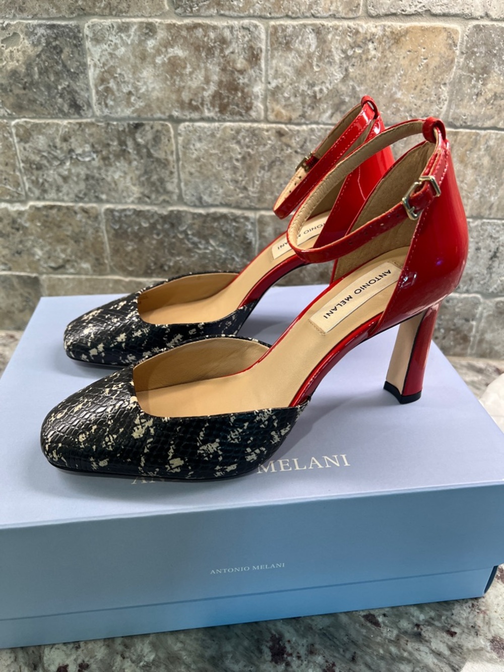 ANTONIO MELANI Red Patent and Black Snake-Print Ankle-Strap Heels - Picture 5 of 6